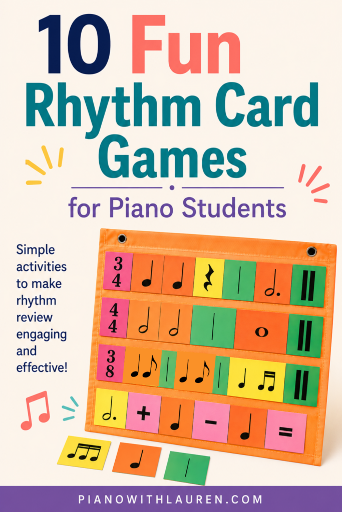 Printable rhythm cards organized in a classroom pocket chart for piano lessons