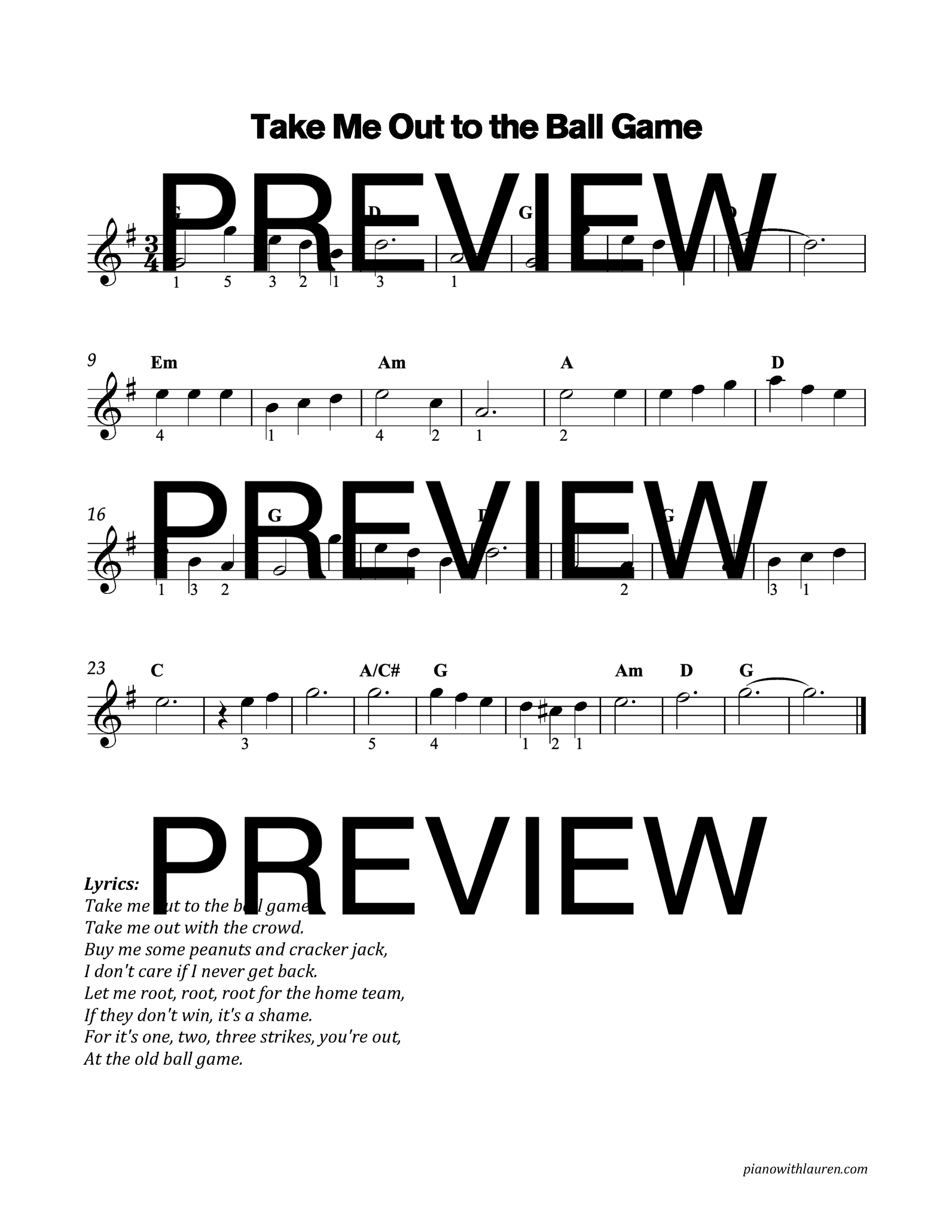 Take Me Out to the Ball Game - Piano Lead Sheet Guide - Image 3