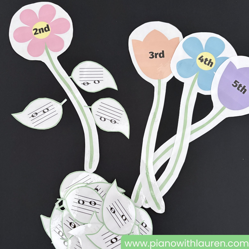 Printable interval flower activity for teaching seconds, thirds, fourths, and fifths in beginner piano lessons.