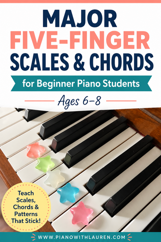 Major five-finger scales and chords for beginner piano students using colorful manipulatives on a piano keyboard.