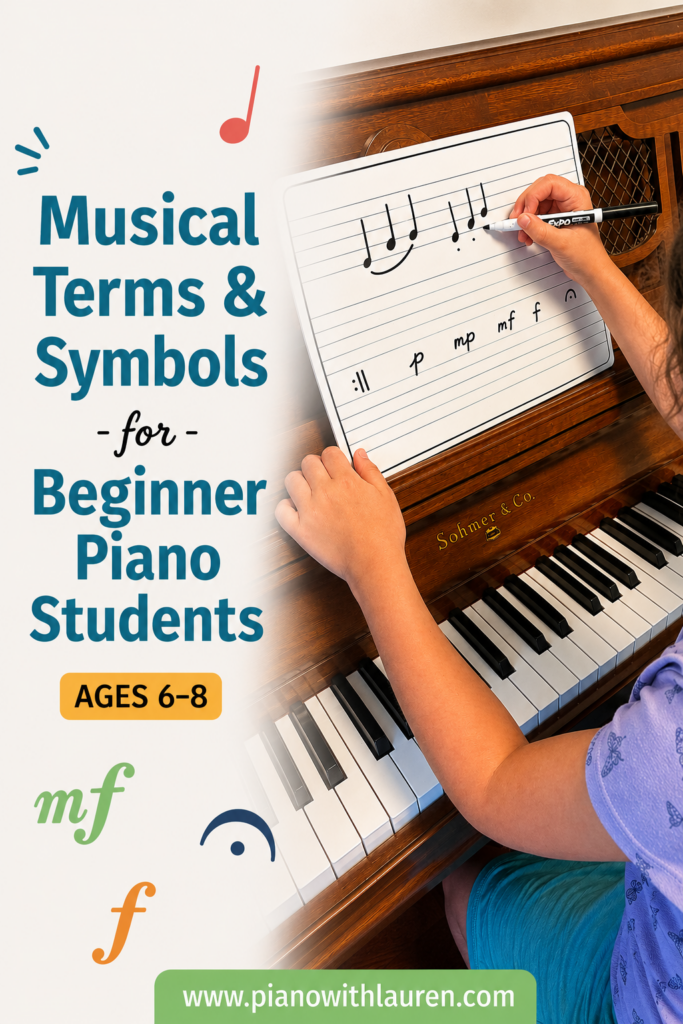 Beginner piano student learning musical terms and symbols during a piano lesson using a music staff marker board.