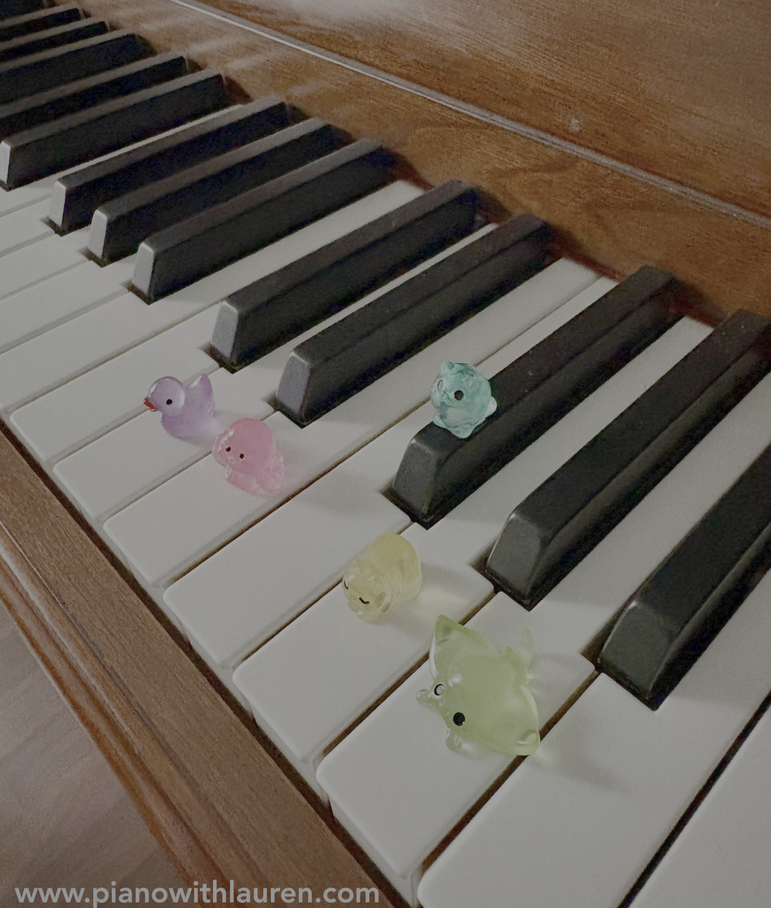 Small manipulatives placed on piano keys to help beginner piano students learn a major five-finger scale.