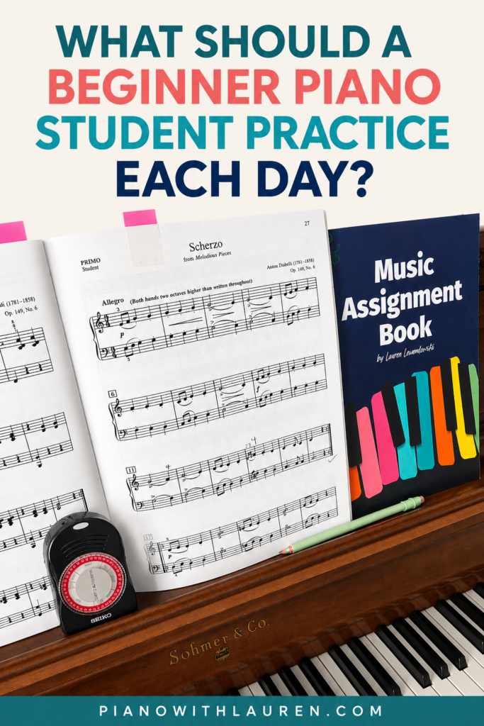 Beginner piano practice setup with sheet music, metronome, and music assignment book