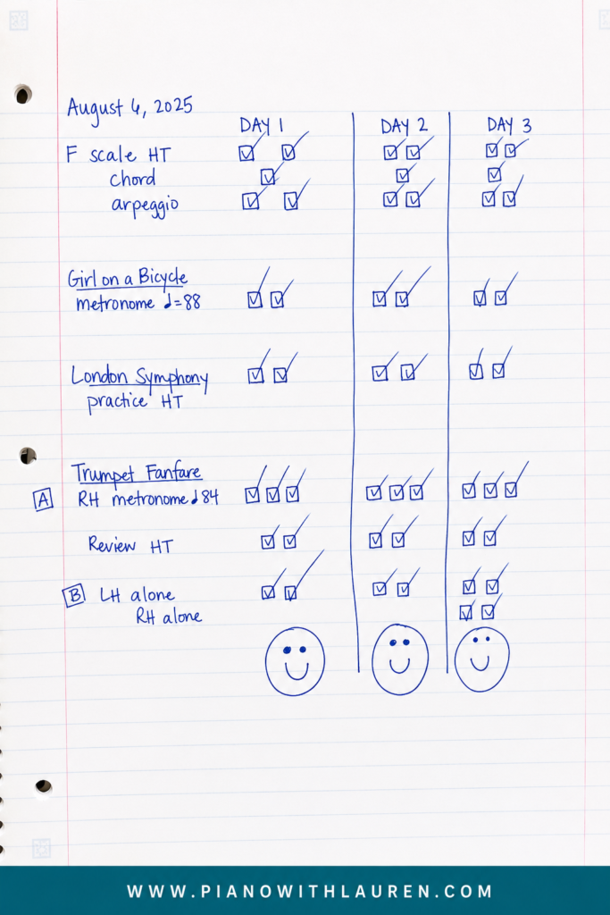 Handwritten beginner piano practice chart with daily practice goals and checkboxes
