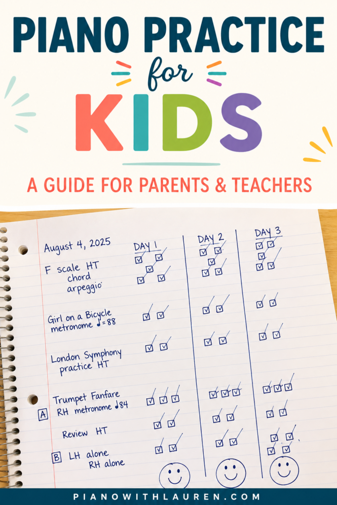 Piano practice checklist for kids showing daily assignments and repetitions