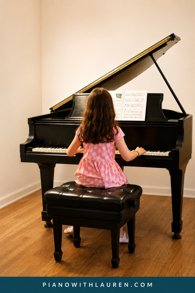 Young piano student practicing at a grand piano at home